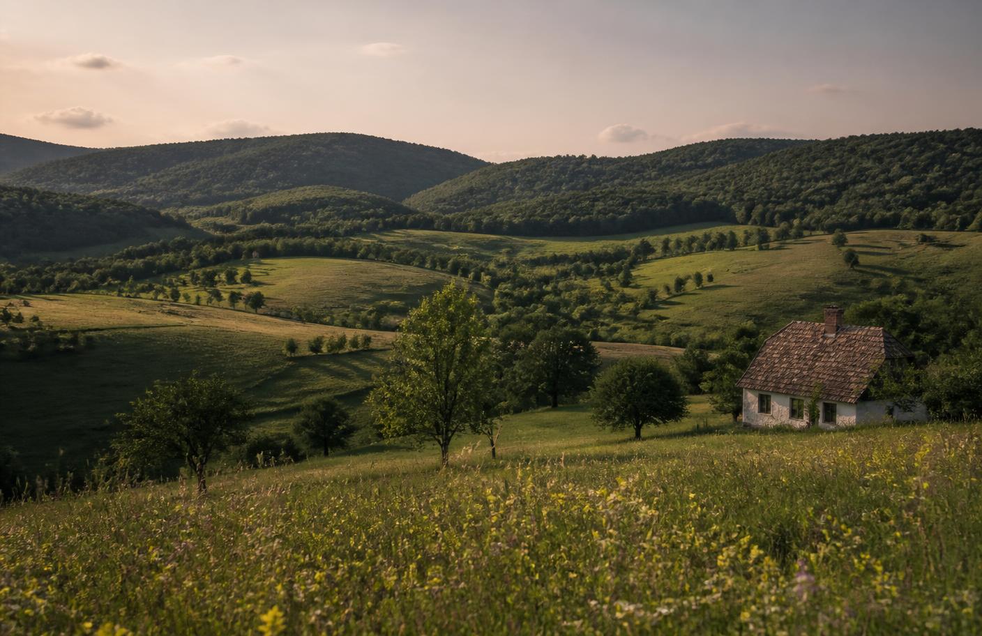Nyugodt dombvidéki táj esti fényben